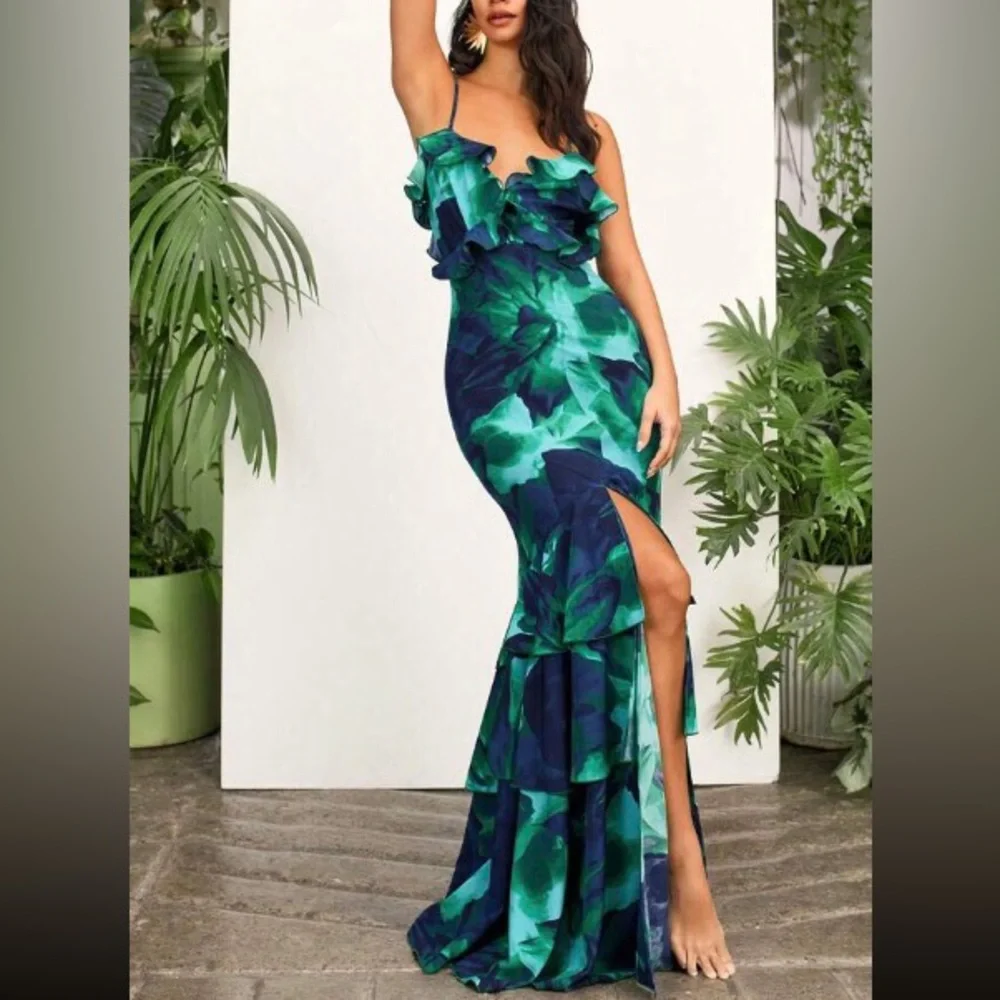 Green Floral Ruffle Mermaid Maxi Dress - Women's